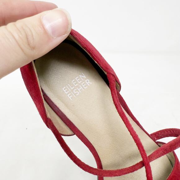 [Eileen Fisher] Red Suede Leather Poet Crisscross Straps Block Heel Pumps Sz 8.5 - Picture 9 of 11